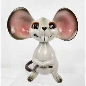 Vtg 6" Glossy Ceramic Norcrest Japan Pink Ears Mouse Nodder Figurine Bobblehead